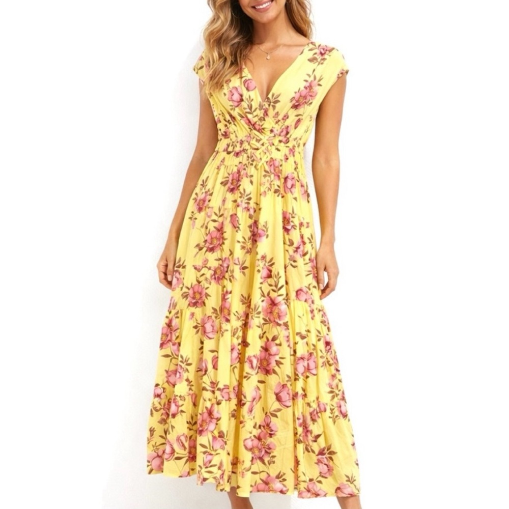 Anthropologie Meadow Rhodes Cotton Poplin Sunny Yellow & Pink Floral Midi Dress